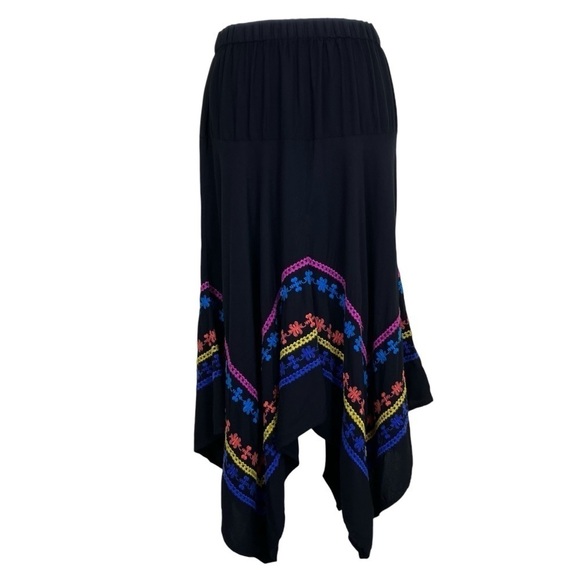 Anthropologie Hazel Black Embroidered Boho Handkerchief Hem Skirt Midi Fairycore - Picture 1 of 15